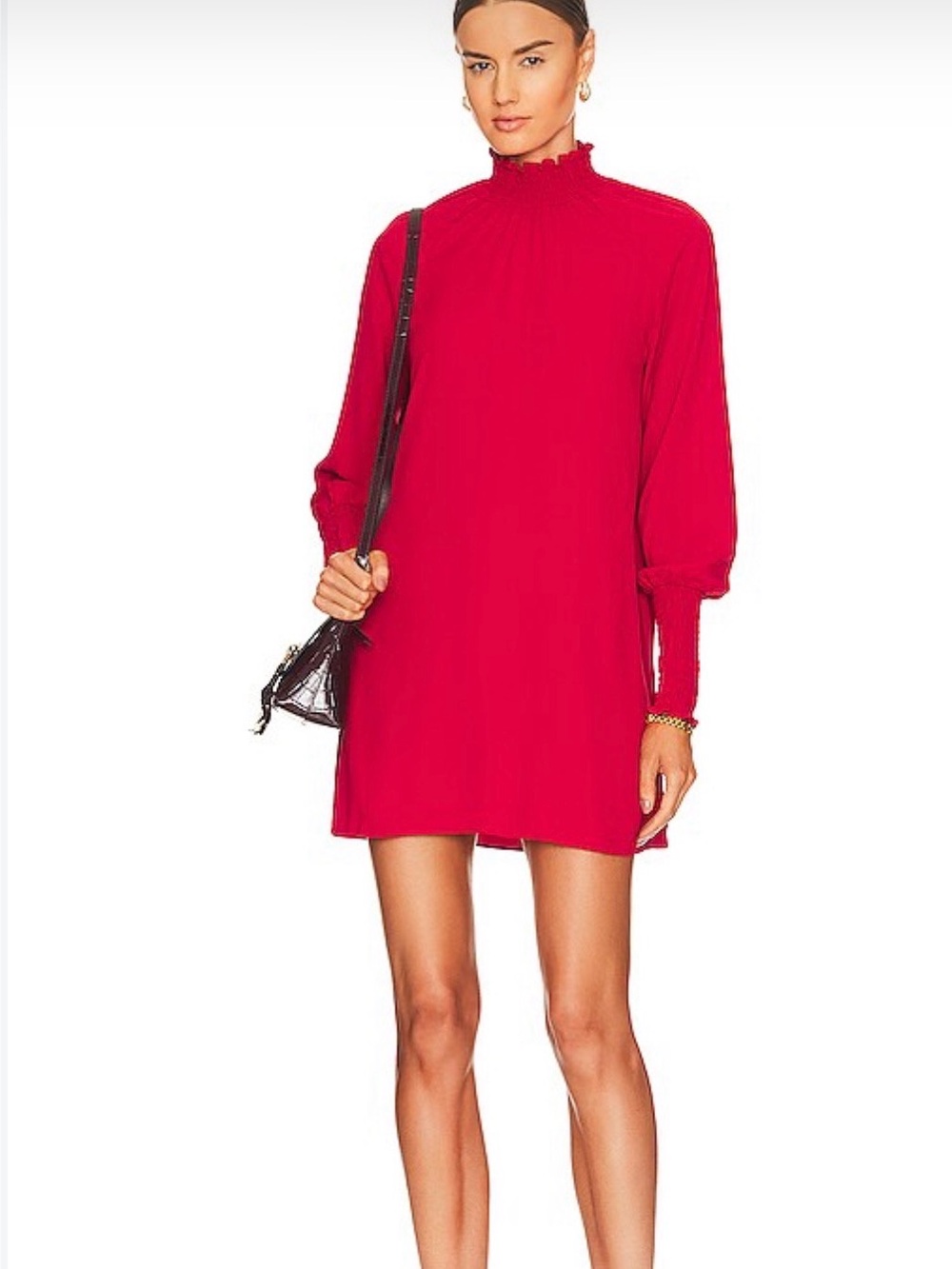 Amanda Uprichard Noemi Smocked High Neck Mini Dress Scarlet Red